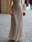 FJØRNA draped cowl-neck ruched maxi dress in soft fabric with elegant draping and fitted silhouette, ideal for formal occasions.