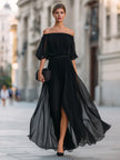 FJØRNA off-shoulder pleated chiffon maxi dress with flowing fabric and elegant design, suitable for formal occasions.