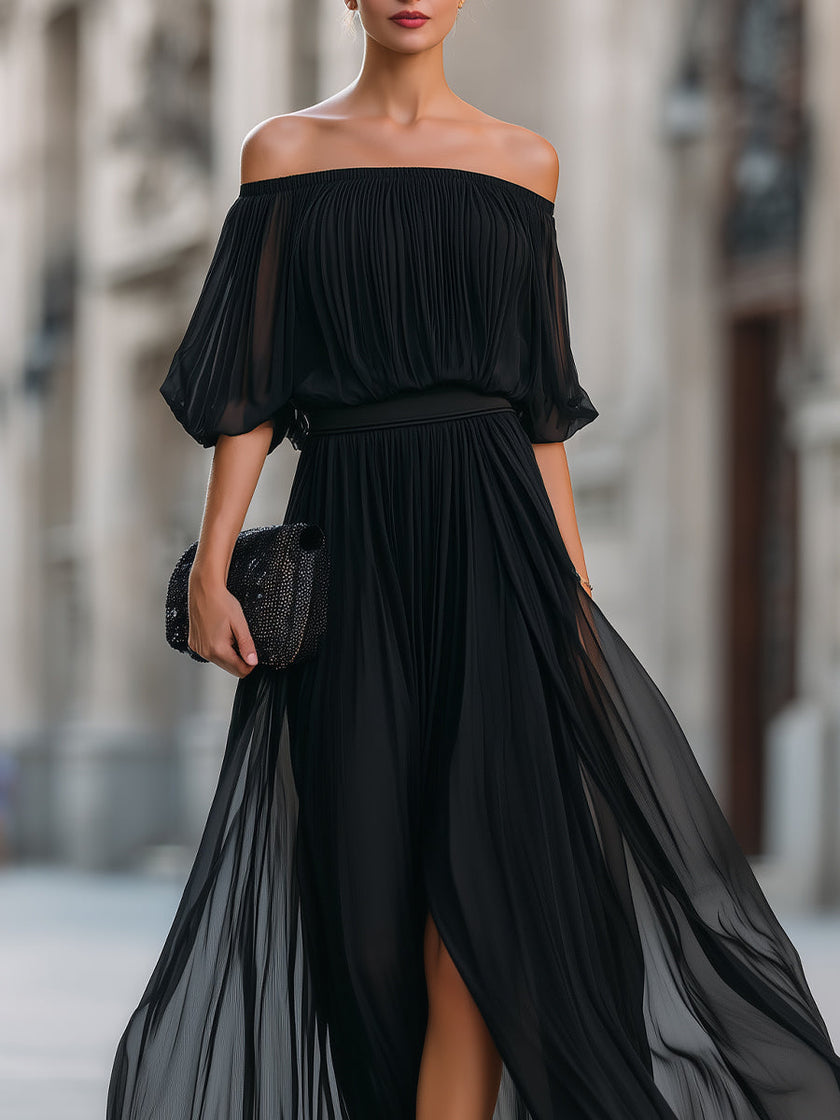 FJØRNA off-shoulder pleated chiffon maxi dress with flowing fabric and elegant design, perfect for formal occasions.