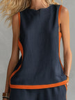 Navy cotton linen two-tone vest and shorts set by FJØRNA, featuring a stylish sleeveless vest and matching shorts.