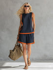 Navy cotton linen two-tone vest and shorts set by FJØRNA, featuring a stylish matching sleeveless vest and tailored shorts.