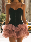 FJØRNA spaghetti strap corset tulle ruffle mini dress featuring a fitted bodice and delicate ruffle details, perfect for elegant occasions.