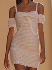 FJØRNA lace trim cold shoulder tweed mini dress with long sleeves and fitted silhouette, stylish and elegant for special occasions.