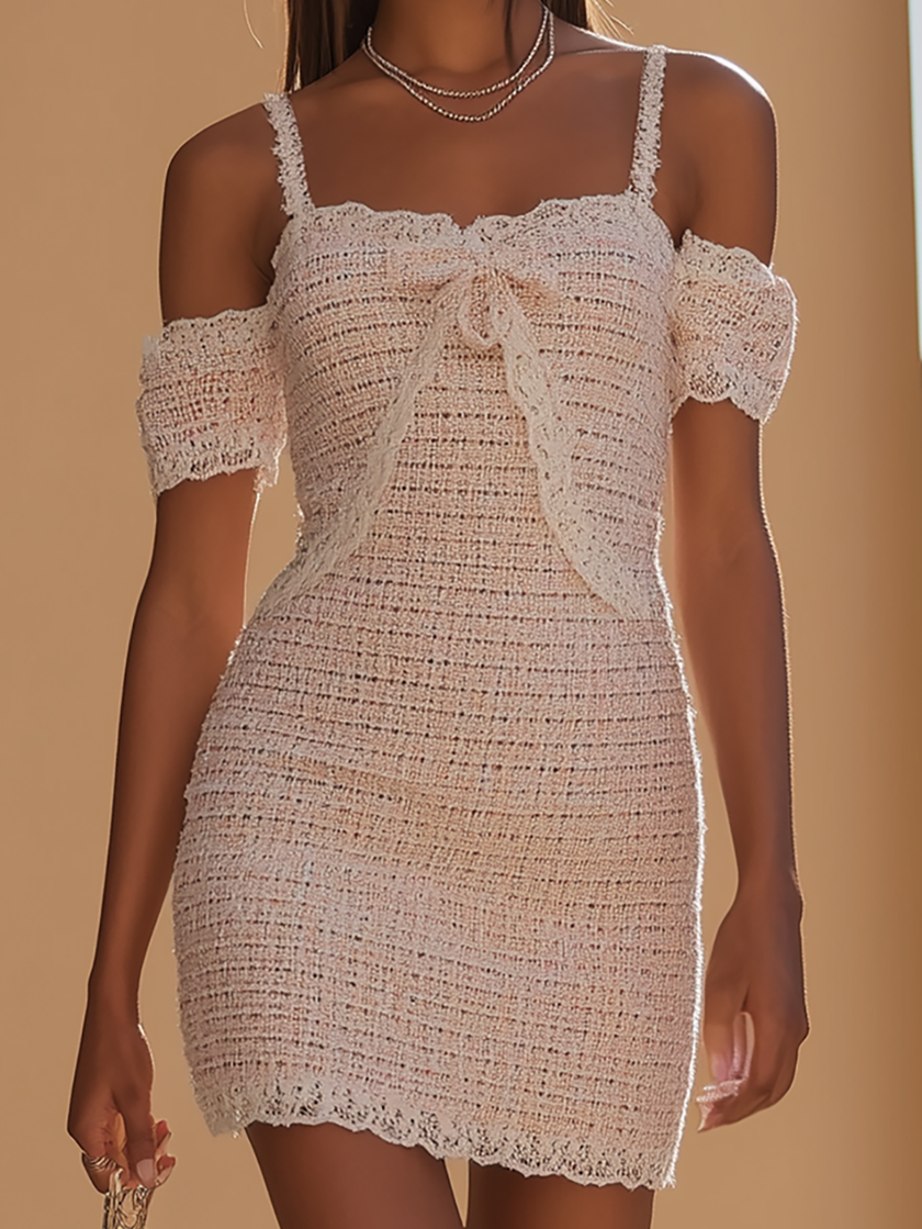FJØRNA lace trim cold shoulder tweed mini dress with long sleeves and fitted silhouette, stylish and elegant for special occasions.
