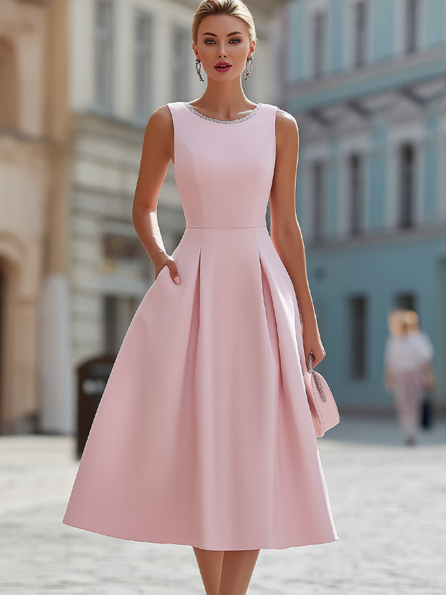FJØRNA elegant sleeveless fit and flare midi cocktail dress with rhinestone neckline, perfect for formal occasions.