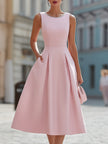 FJØRNA elegant sleeveless fit and flare midi cocktail dress with rhinestone neckline, perfect for special occasions.