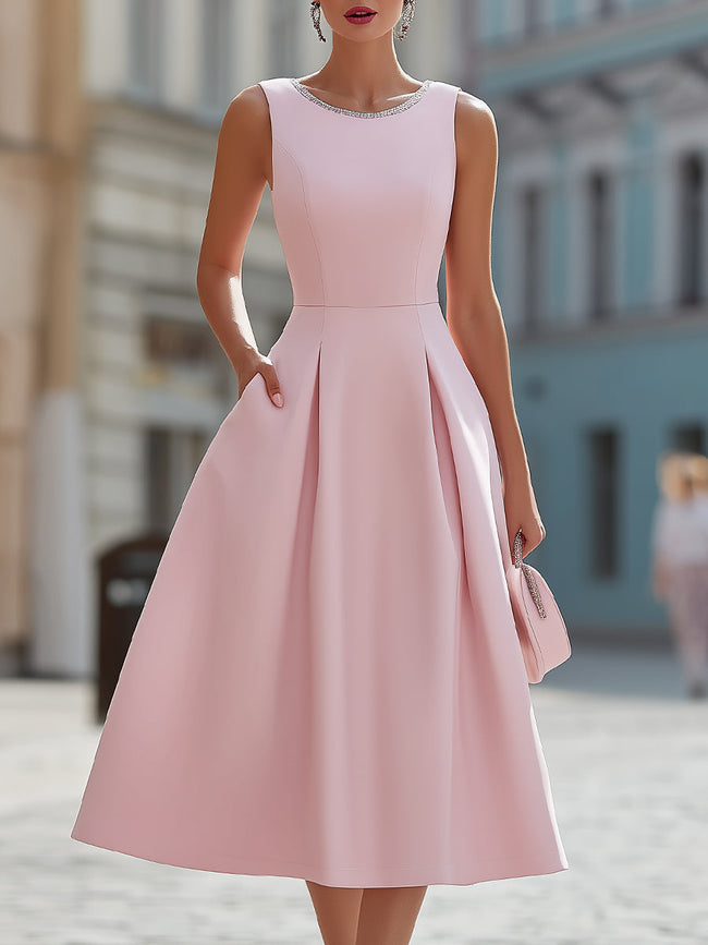 FJØRNA elegant sleeveless fit and flare midi cocktail dress with rhinestone neckline, perfect for special occasions.