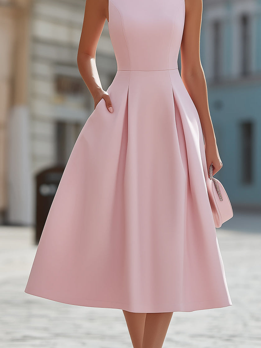 FJØRNA elegant sleeveless cocktail dress with rhinestone neckline, fit and flare midi style, perfect for formal occasions.