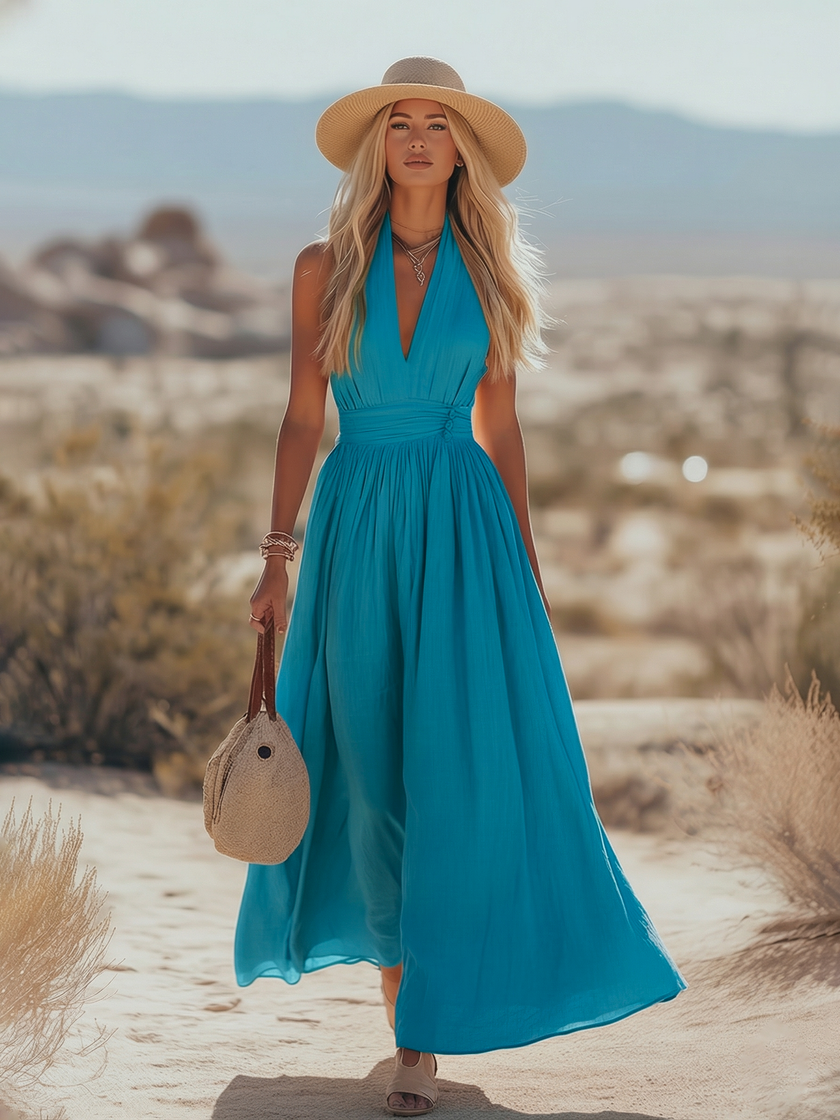 FJØRNA women's bohemian sleeveless cotton maxi dress with elegant resort style and flowing silhouette, perfect for summer wear.