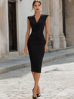 FJØRNA elegant ruched bodycon midi dress with V-neck, sleeveless cocktail dress in a sleek, fitted design, perfect for formal occasions.