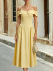 FJØRNA elegant off-the-shoulder midi dress with sweetheart neckline and flared skirt, perfect for formal occasions.