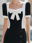 Elegant  Color Block Bow Midi Dress, Square Neck Puff Sleeve...