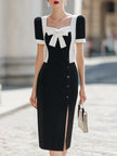 Elegant  Color Block Bow Midi Dress, Square Neck Puff Sleeve...