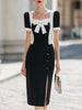 Elegant  Color Block Bow Midi Dress, Square Neck Puff Sleeve...