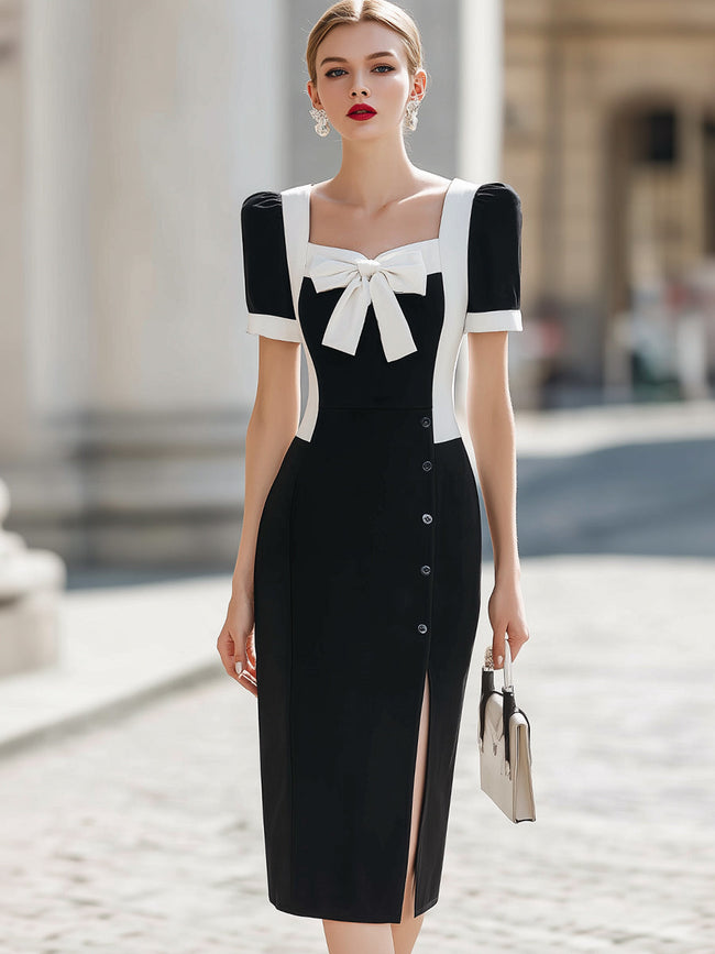 FJØRNA elegant color block bow midi dress with square neck and puff sleeves, stylish and feminine evening dress.