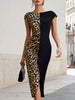 FJØRNA elegant leopard print color block bodycon midi dress with boat neck, showcasing its fitted silhouette and stylish pattern.