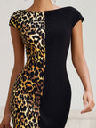 FJØRNA elegant leopard print color block bodycon midi dress with boat neck, form-fitting design and stylish pattern.