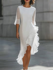FJØRNA asymmetric ruffle hem midi dress with sheer sleeves, elegant and flowing design, perfect for stylish occasions.