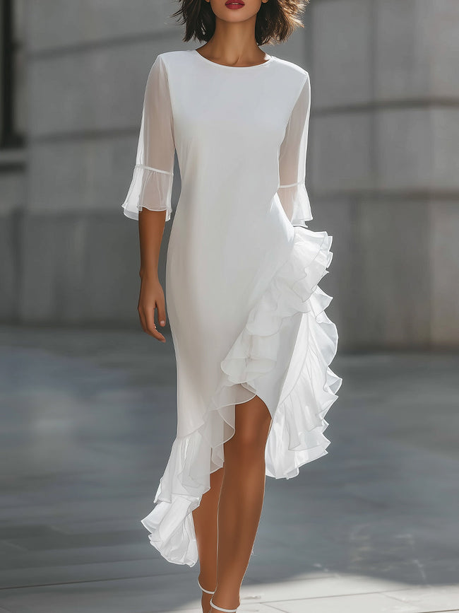 FJØRNA asymmetric ruffle hem midi dress with sheer sleeves, elegant and flowing design, perfect for stylish occasions.