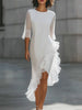 FJØRNA asymmetric ruffle hem midi dress with sheer sleeves, elegant and flowing design, perfect for stylish occasions.