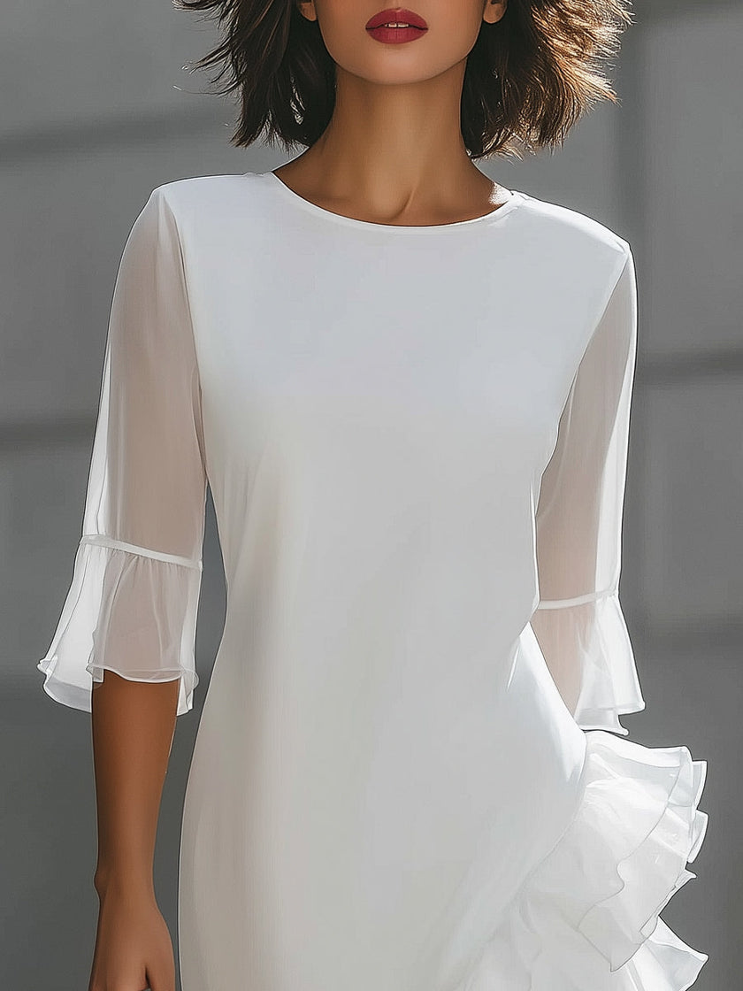 FJØRNA asymmetric ruffle hem midi dress with sheer sleeves, elegant and flowing design, perfect for stylish occasions