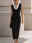 FJØRNA layered collar button-front tailored midi dress with long sleeves and a fitted waist, styled for a sophisticated look.