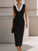 FJØRNA layered collar button-front tailored midi dress with long sleeves and a fitted waist, styled for a sophisticated look.