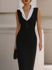 FJØRNA layered collar button-front tailored midi dress featuring a fitted silhouette and elegant design, displayed on a mannequin.