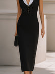 FJØRNA layered collar button-front tailored midi dress with long sleeves and a fitted waist, in a stylish, elegant design.