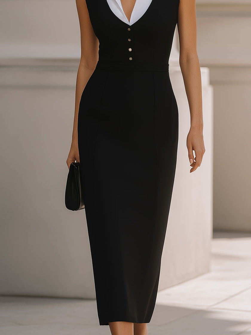 FJØRNA layered collar button-front tailored midi dress with long sleeves and a fitted waist, in a stylish, elegant design.