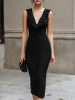 FJØRNA ruffled deep V-neck sleeveless bodycon midi dress with fitted silhouette and elegant ruffle details.