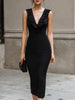 FJØRNA ruffled deep V-neck sleeveless bodycon midi dress with fitted silhouette and elegant ruffle details.