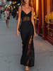 FJØRNA lace insert v-neck bodycon maxi dress with split hem, elegant evening dress featuring fitted silhouette and floral lace details.