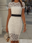 White lace short sleeve bodycon midi dress by FJØRNA, featuring a fitted silhouette and elegant lace fabric.