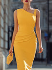 FJØRNA asymmetric one-shoulder ruched waist tailored midi dress displayed on a model, showcasing elegant design and fitted silhouette.