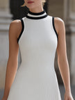 FJØRNA ribbed knit sleeveless high neck A-line mini dress with contrast trim and flared skirt, stylish and comfortable.