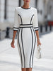 Elegant FJØRNA piping bodycon midi dress with fitted silhouette, detailed piping design, and sleeveless style on model.