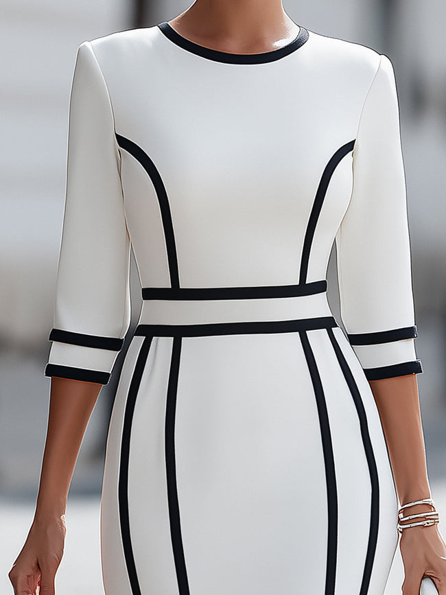FJØRNA elegant piping bodycon midi dress displayed on a hanger, showcasing its sleek design and fitted silhouette.