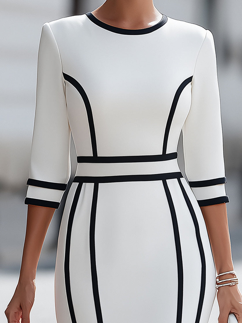 FJØRNA elegant piping bodycon midi dress displayed on a hanger, showcasing its sleek design and fitted silhouette.
