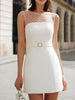 FJØRNA white sleeveless sheer mesh mini dress with pearl-embellished yoke and belted waist, form-fitting bodycon style.