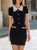 FJØRNA black contrast collar button-front bodycon mini dress with long sleeves and fitted silhouette, shown on a model.