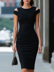 FJØRNA off-shoulder ruched cross-front bodycon midi dress featuring fitted silhouette and elegant design, shown on a model.