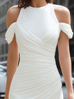 FJØRNA cold-shoulder draped high-neck elegant midi dress with flowing fabric and sophisticated design, perfect for formal occasions.