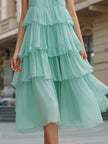 FJØRNA halter neck tiered ruffle flowing midi dress with layered ruffles and a breezy silhouette, perfect for summer wear