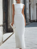 FJØRNA sleeveless asymmetric panel tailored maxi dress with a sleek, modern silhouette and elegant design in a neutral fabric.
