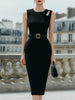 FJØRNA elegant ribbed knit sleeveless bodycon midi dress with cutout detail, form-fitting style and sophisticated design.