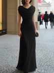 FJØRNA draped cowl-neck ruched maxi dress in soft fabric with flowing silhouette and elegant draping.