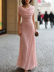 FJØRNA Draped Cowl-Neck Ruched Maxi Dress in soft fabric, featuring a flowing silhouette and elegant draping for formal occasions.