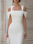White cold shoulder square neck bodycon midi dress by FJØRNA with fitted silhouette and long sleeves, displayed on a mannequin.