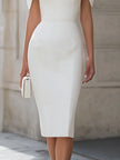 White Cold Shoulder Square Neck Bodycon Midi Dress by FJØRNA, featuring long sleeves and a fitted silhouette on a model.